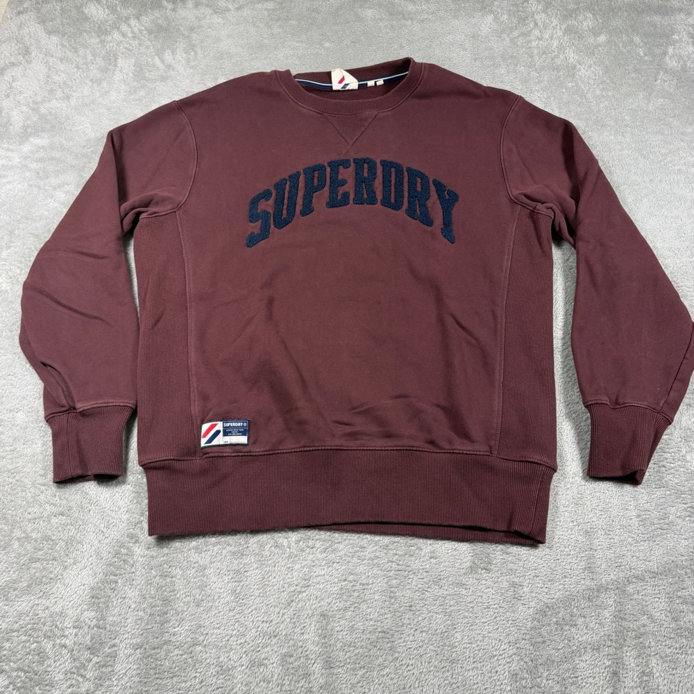 Superdry Sweatshirt Mens Large Maroon Pullover Embroidered Spellout Logo